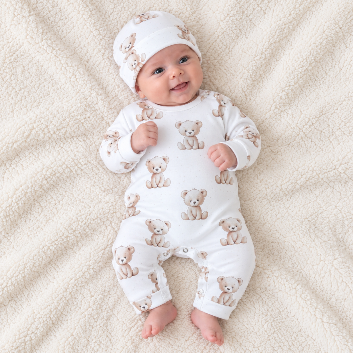 Baby lying down wearing a white cotton romper with teddy bear print and matching hat, Babyli newborn romper set